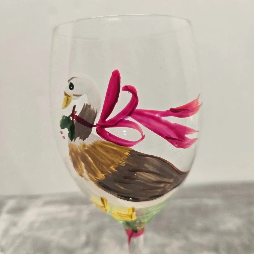 Hand Painted Duck Wine Glass Pink Ribbon Bow Stemmed Glassware Holiday 9 Inch